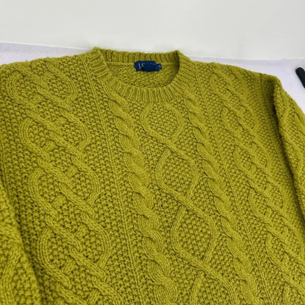 VTG Mens Lime Green J. Crew Wool Chunky Fisherman Cable Knit Crewneck Sweater LT